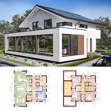 Modernes Fertighaus Mit Satteldach Grossem Erker Anbau Mit Balkon Grundriss Offen Atrium Aufzug Moderne Grundrisse Moderne Fertighauser Haus Architektur