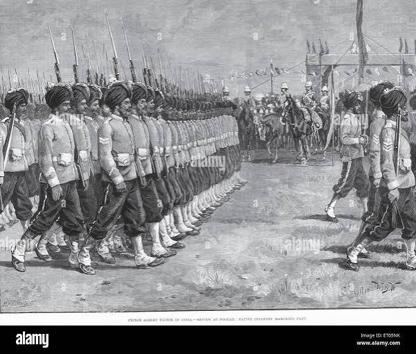 Military and mutiny ; prince Albert victor in India ; review at Poona Pune ; native infantry marching past ; Maharashtra ; India Stock Photo - Alamy