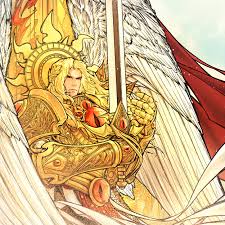 goldriver, blood angels, sanguinius, warhammer 40k, absurdres, commentary,  commentary request, english commentary, highres, 1boy, angel wings, armor,  blade encarmine, blonde hair, blue eyes, breastplate, couter, eyes of horus  (warhammer 40k), gold armor,