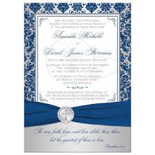 Our christian wedding invitation cards collection is novel and amazing with their imaginative works and most recent craftsmanship including lasercut work and intricate yet simple designs. Christian Wedding Invitation Royal Blue Silver Damask Printed Ribbon Crystal Brooch With Cross