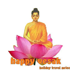 Buddha statue and bodhi tree with golden bell of thai tradition. Happy Vesak Day Holiday Travel Notes