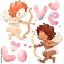 Funny little Angel-Boys. African-american cupid have fun. Watercolor  Illustration of a Valentine's Day. illustration in a cartoon style.  Isolated on white background Stock Illustration | Adobe Stock