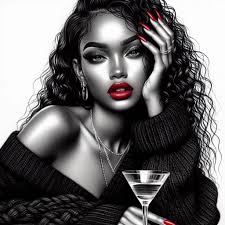 a hyper-realistic black and white pencil sketch, of a beautiful African  American woman, long wet and wavy hair, prominent lashes and eyebrows,  matte red lips, wearing an oversized off the shoulder black
