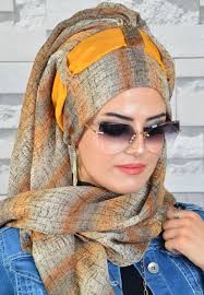Kahve Acik Hardal Desenli Hazir Turban Turbanlar Esarp Guzel Turban