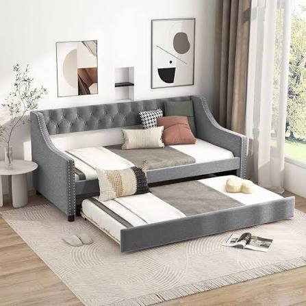 Amazon.com: KOMFOTT Upholstered Twin Daybed with Trundle, Sofa Daybed with Backrest & Armrests, Space-Saving Daybed Trundle Bed Frame for Bedroom, Guest Room & Dorm, No Box Spring Needed (Grey) : Home &