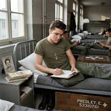 This is a poignant and detailed image, though it is an AI-generated  reconstruction of Elvis Presley's time in the service rather than an  original 1958 photograph. The hyper-clean lighting, the specific rendering
