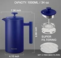 Amazon.com: Secura French Press Coffee Maker, Double-Wall 304 Grade  Stainless Steel Coffee Press with 2 Extra Screens, 34oz (1L), Blue: Home &  Kitchen
