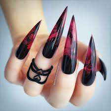 Pointy Black Acrylic Nail Ideas Perfect10customnails Nails Idea Red Black Witch Ombre Long Acrylic Pointed Stiletto Nail Art Goth Nails Stiletto Nails Designs
