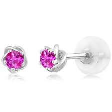 10k White Gold Pink Sapphire Stud Flower Earrings 0 26 Ctw Round 3mm Gemstone Review Pink Sapphire Stud Earrings Sapphire Studs Vintage Studs