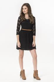 Black Lace 3 4 Sleeve Belted Skater Dress Dresses Clothing Ardene Official Online Store Girl Outfits Classy Outfits Fashion Outfits