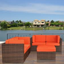Nice 5 Piece Wicker Patio Sectional Set With Orange Cushions Patio Furniture Sets Outdoor Furniture Sets Outdoor Sofa Sets