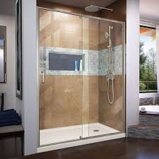 Flex 30 Inch D X 60 Inch W Shower Door In Brushed Nickel With Right Drain Biscuit Base Kit In 2019 Shower Doors Frameless Shower Enclosures Corner Shower Kits