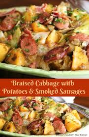 Braised Cabbage With Potatoes And Smoked Sausages Braised Cabbage Smoked Sausage Recipes Cabbage Recipes