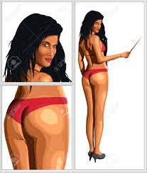 Sexy Hot Woman Black Hair Teacher Sexy Cul Butt Bikini Arrière, Poinçon  Debout De Maillot De Bain Tourné En Arrière. Closeup Horizontal Vue  Latérale Illustration Erotica Femme Fond Blanc Clip Art Libres