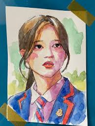 透明水彩人物画スケッチ ハガキ 8月13日 W&Nコットマン固形水彩