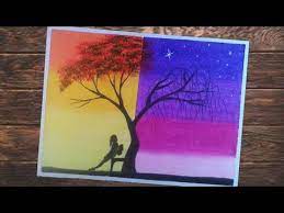 Cara Menggambar Dua Dimensi Dengan Crayon Gambar Siang Dan Malam Sil Seni Pastel Lukisan Cat Air Gambar Kanvas