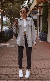 Trendy Light Gray Shacket Over White Crop Top And Dark Gray Denim Jeans Shacket Outfit Grey Denim Jeans Casual Outfits