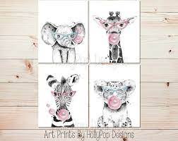 Zoo Animals Black White Nursery Art Pink Nursery Decor Elephant Art Baby Girl Wall Art Fun Nursery Nursery Art Girl Nursery Animal Prints Baby Nursery Art