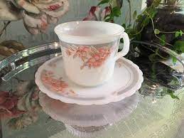 Vintage Indopal Indonesian Milk Glass Duo Cup And Saucer Peach Coloured Flower Grey Band Milk Glass Tea Cups Tea Cup Saucer
