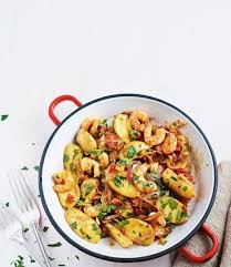 New Potatoes King Prawns And Chorizo With Tomato And Chilli Recipe Delicious Magazine Recipe Recipes Prawn Recipes Chilli Recipes