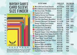 Chart outlining the dimensions of various card styles and the size of the coordinating envelope. Mayday Games Sleeve Finder