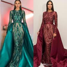 Luxury Dubai Long Sleeves Green Sequins Prom Dresses 2019 Mermaid Detachable Train Evening Party Gowns Custom Made Plus Size Sexy Prom Gown B Darlin
