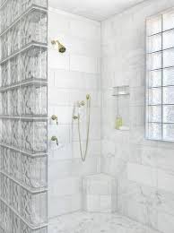 A Glass Block Shower Partition Accents A Walk In Shower Fitted With A Polished Brass Shower Kit Glass Block Shower Window In Shower Small Bathroom With Shower