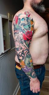 Tattoos in belmont on yp.com. A Sleeve Of Skulls And Flowers For His First Tattoo By Adam Sky Morningstar Tattoo Parlor Belmont Bay Area California Tattoo Lover Family