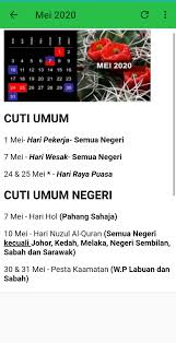 Senarai perincian kalendar cuti umum (malaysia public holidays) disertakan ini turut merangkumi hari kelepasan am persekutuan dan negeri bagi tahun 2020 adalah. Kalendar Malaysia 2020 For Android Apk Download