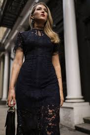 Nyc Style Blogger In Dark Blue Navy Lace Dress With Red Lip And Black Handbag Engagement Party Dresses Engagement Party Outfit Guest Navy Lace Dress