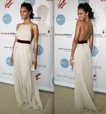 Zoe Saldana Stylechi Best Looks White Pleated Backless Gown Burgundy Velvet Waist Celebrity Wedding Dresses Wedding Gown Backless Celebrity Dresses