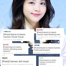 Media Korea memberikan berbagai julukan untuk Carmen Hearts2Hearts usai  debutnya. Dari “Visual Bunga” hingga “Senyuman Penuh Kelucuan”, pesona idol  asal Indonesia ini sukses mencuri perhatian. Julukan lain yang diberikan  media: 💐 Visual