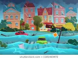 Flood Natural Disaster In Cartoon City Concept City Floods And Cars With Garbage Floating In The Water Storm Ci City Cartoon City Landscape Floating In Water