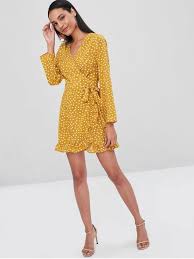 Polka Dot Ruffles Wrap Dress Bee Yellow Dresses Mini Dress Long Sleeve Mini Dress