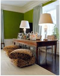 Green Velvet Walls Large Lamps On The Desk And Large Leopard Print Poufs For Lounging Interior Decor Home Decor