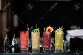 Made with tequila, elderflower liqueur, pamplemousse (grapefruit) liqueur, fresh lime juice and a topping of soda water, the floral and fruity summer breeze is the hakuna matata of cocktails: Four Fantastic Fresh Fruit Cocktails Stock Photo Picture And Royalty Free Image Image 125698833