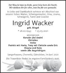 Traueranzeigen von Ingrid Wacker