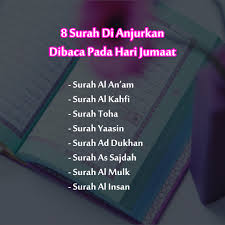 Terdapat sebuah hadis mengenai hari jumaat, dari abu hurairah r.a katanya rasulullah saw bersabda : Lapan Surah Yang Di Anjurkan Dibaca Hari Jumaat Almukhlisin