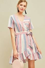 Entro Striped Wrap Dress In Denim And Pink Umgee Clothing Denim Chic Dresses