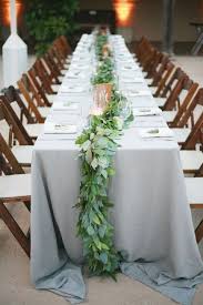 Dove Grey Tablecloths Look Good With Greenery Like Here A Long Leaf Table Runner Wedding Table Linens Wedding Table Settings Wedding Table