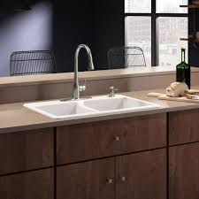Buy quality ready to assemble rta kitchen cabinets online. Kohler Brookfield Drop In Cast Iron 33 In 4 Hole Double Bowl Kitchen Sink With Simplice Faucet In White Rh5846 4 596 Vs The Home Depot