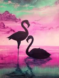Silhouette Bird Paintings On Canvas Love Birds Mingling In The Playful Pink Paradise Of Let S Flamingle Silhouette Painting Flamingo Painting Silhouette Art