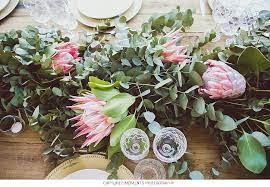 Wedding Louis Elmien Flowers Greenery Garland With King Proteas Photo Captured Moments Eucalyptus Wedding Decor Wedding Table Flowers Protea Wedding