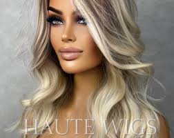 16 Inch Blonde Wig: Rose Gold Tones, Wavy Human Hair Blend
