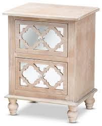 Franklin wooden bedside table in black with 2 drawers. Welch Rustic White Washed Wood And Mirror 2 Drawer Quatrefoil Nightstand Mediterranean Nightstands And Bedside Tables By Baxton Studio Houzz