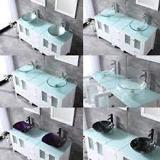 Bathroom vanity with italian carrara white marble. 60 White Bathroom Vanity Cabinet Optional Double Sink Tempered Glass Top Mirror Ebay