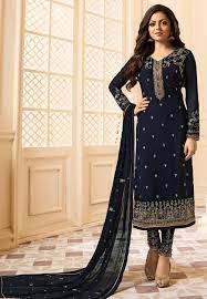 We have covered all top pakistani brands' clothes including gul ahmed, sana safinaz uk, asim jofa, baroque uk, maria b, shiza hassan, ramsha, akbar aslam, and serene premium. Embroidered Georgette Pakistani Suit In Navy Blue Kch2184