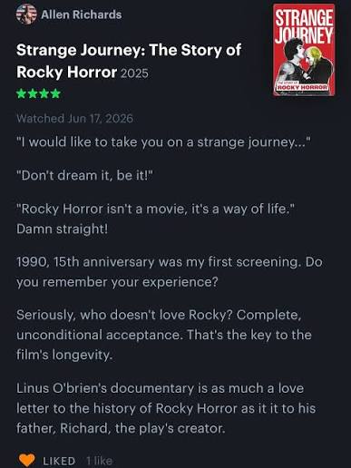 Here are a few Letterboxd Reviews of 'Strange Journey: The Story of Rocky  Horror'. :)