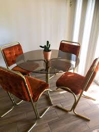 Mid Century Modern Burnt Orange Velvet Chrome Chairs With Brown Glass Table Dining Set Brown Dining Table Orange Dining Room Velvet Dining Chairs