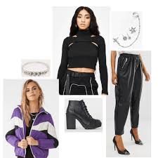 Harley Quinn Inspired Outfits Birds Of Prey Birds Of Prey Fashion Outfit Inspired By Huntress With Black Crop Top Purple Jacket Leather Joggers Chunky Heel Boots And In 2020 Fashion Outfits College Fashion